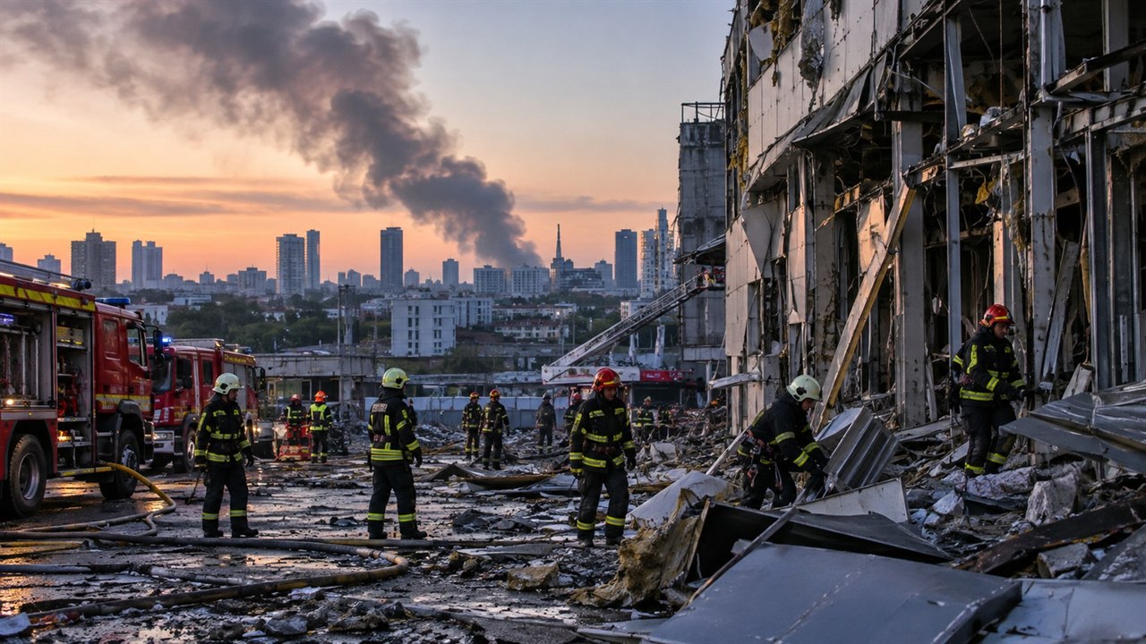 Strażacy pracujący przy uszkodzonym budynku po pożarze