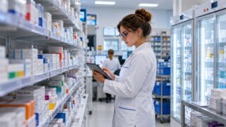 Farmaceutka w aptece przy półkach z lekami