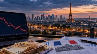 Laptop z wykresem rynkowym, euro i dokumenty finansowe na tle europejskiego miasta