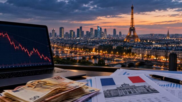 Laptop z wykresem rynkowym, euro i dokumenty finansowe na tle europejskiego miasta