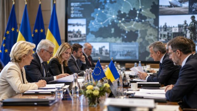 Delegacje Unii Europejskiej i Ukrainy przy stole rozmów z flagami