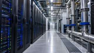 Nowoczesna serwerownia z rzędami szaf serwerowych i instalacją chłodzenia przemysłowego