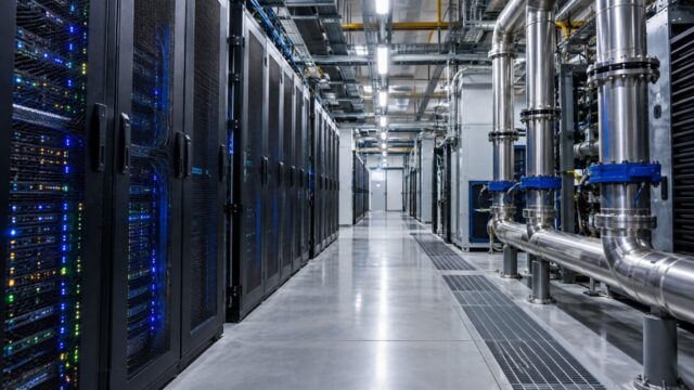 Nowoczesna serwerownia z rzędami szaf serwerowych i instalacją chłodzenia przemysłowego