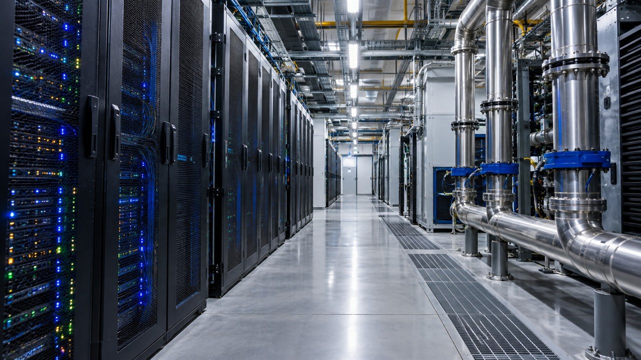 Nowoczesna serwerownia z rzędami szaf serwerowych i instalacją chłodzenia przemysłowego