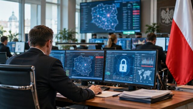 Centrum cyberbezpieczeństwa – ekrany monitorujące sieci. Ilustracja komputerowa, nie przedstawia rzeczywistego incydentu Anthropic