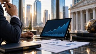 Analityk finansowy obserwuje rosnący wykres na ekranie w nowoczesnym biurze