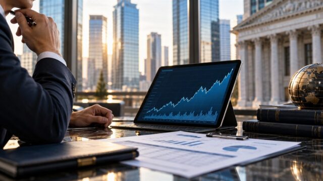 Analityk finansowy obserwuje rosnący wykres na ekranie w nowoczesnym biurze