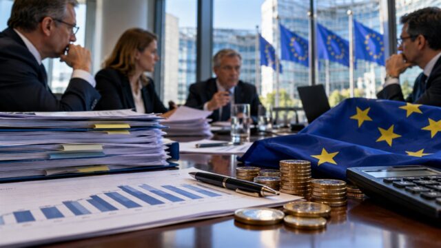 Budynek europejskiej dzielnicy finansowej i wykresy zadłużenia na monitorach
