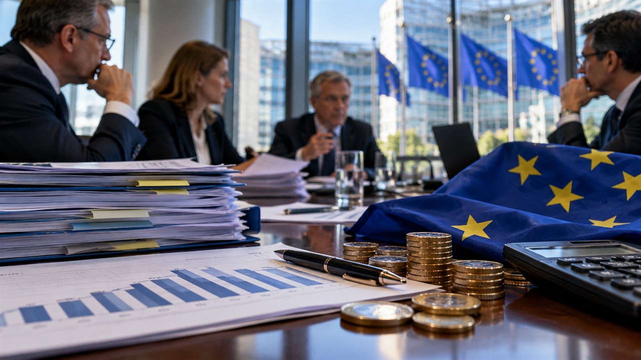 Budynek europejskiej dzielnicy finansowej i wykresy zadłużenia na monitorach