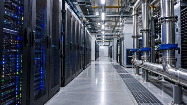 Neutralne wnętrze centrum danych jako ilustracja infrastruktury sztucznej inteligencji