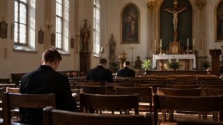 Kilku seminarzystów siedzących w niemal pustej kaplicy z wieloma wolnymi ławkami