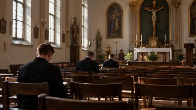 Kilku seminarzystów siedzących w niemal pustej kaplicy z wieloma wolnymi ławkami