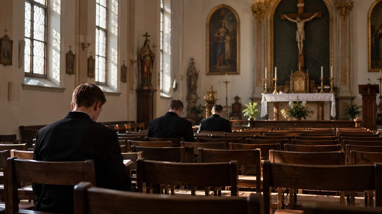 Kilku seminarzystów siedzących w niemal pustej kaplicy z wieloma wolnymi ławkami